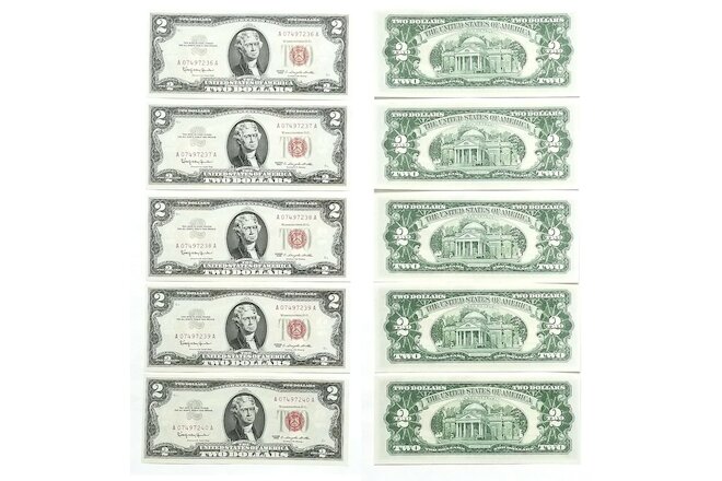 1963 $2 Legal Tender Fr 1513 Uncirculated 5 Consecutively Numbered 236-240