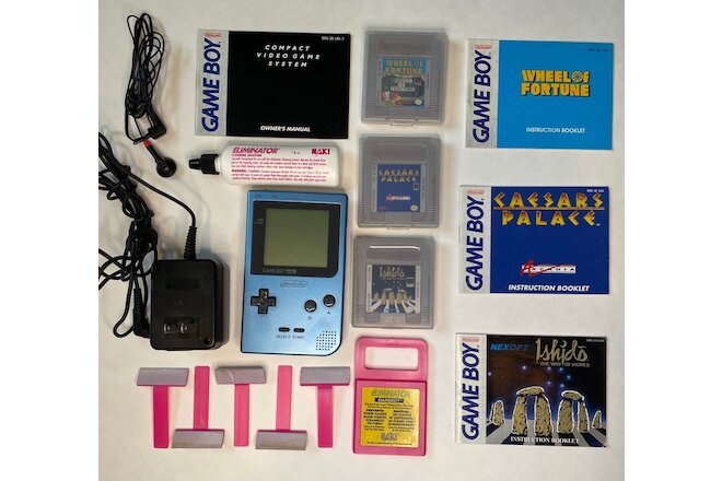 Nintendo Game Boy Pocket Launch Edition Ice Blue System Lot 3 games ac adapter 1