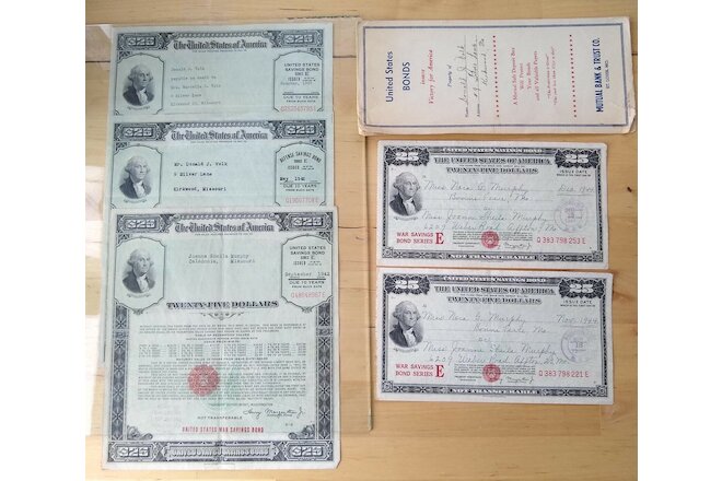 1942, 43,44  United States WW II savings bond- E series-lot of 5 documents