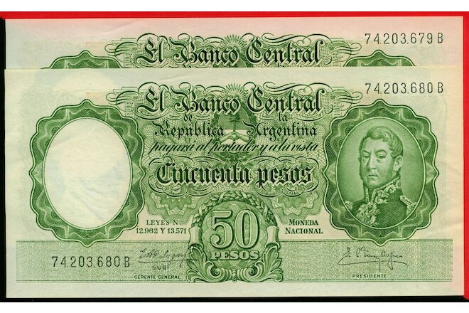 ARGENTINA  (1962)   50 Pesos  x 2 cons.   World  paper money  currency banknotes