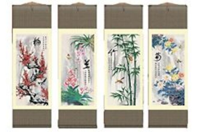 Asian Wall Scroll, Set of 4, Plum Blossom, Orchid, Bamboo, and Chrysanthemum