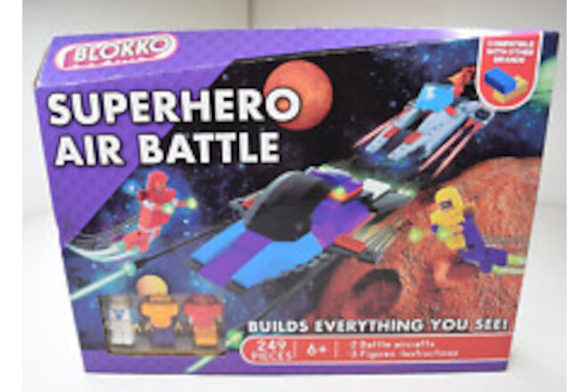 Blokko Superhero Air Battle, 249 Pieces, 2 Battle Aircrafts, 3 Figures New