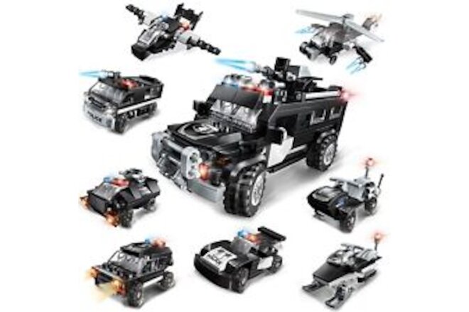 City Police SWAT Building Block Set - 8 + 1 Black Armored SWAT Vehicles with ...