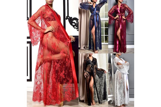 Women Sexy Lace Lingerie Night Dress Kimono Bathrobe Sleepwear Nightwear Gown US