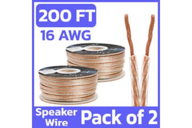2 Pack 16 AWG Speaker Wire 100ft Soft Touch 2 Conductor Bulk Audio Cable Clear
