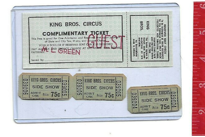 vintage lot King Brothers Circus Complimentary & 3 side show tickets
