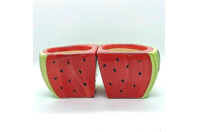 Vintage Ceramic Watermelon Planter Red Green & Black Seeds Lot of 2 Hand Painted