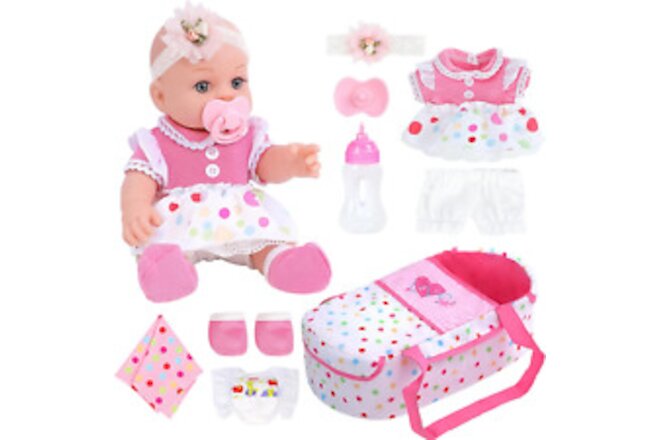 12 Inch Baby Doll with Bassinet Bed,Reborn Alive Doll Includes Clothes and Ac...