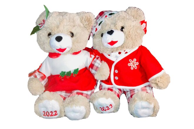 🧸 ¡ HOT ! 2022 WALMART CHRISTMAS Snowflake TEDDY BEAR  BOY & GIRL Red SET ! Tan