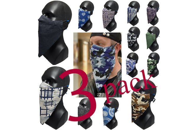 3 pack X-Large for Men Beard Face Mask 2 ply Washable Reusable + adjustable ears