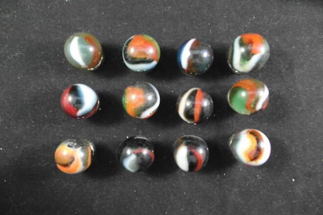Vintage Green Clear with Orange Red White Brown Fold - Lot of 12 Marbles (L-019)