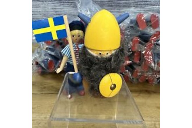 Vtg Swedish Wood VIKING Painted 4.5” Peg Yellow Horn Hat Black Beard Sweden Toy