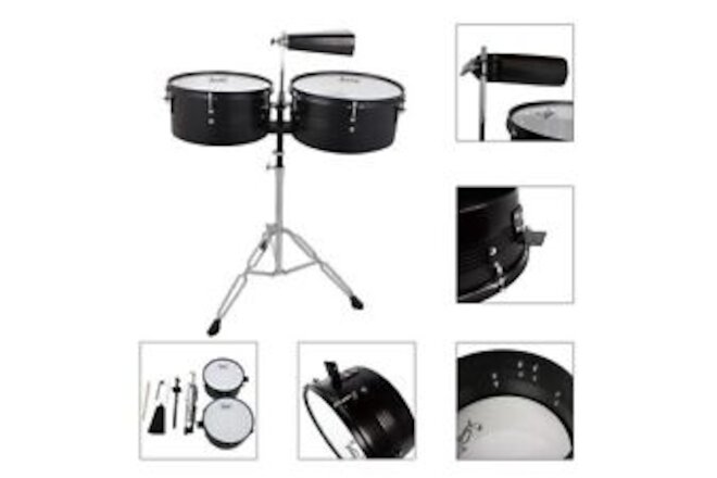 Glarry Percussion 13" & 14" Timbales Drum Set with Stand and Cowbell Black