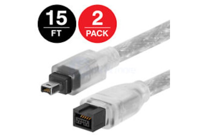 FIREWIRE Cable 15 FT 9Pin to 4Pin Bilingual 800 to 400 DV PC MAC - LOT of 2