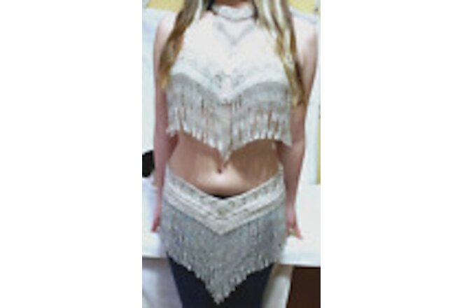 3 piece White Iridescent beaded and sequenced Belly Dancing outfit .