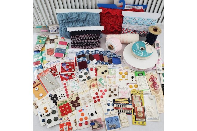 Lg. Lot Of Vintage Sewing Trim & Notions Lace Jacquard Ribbon Buttons Fast Turn