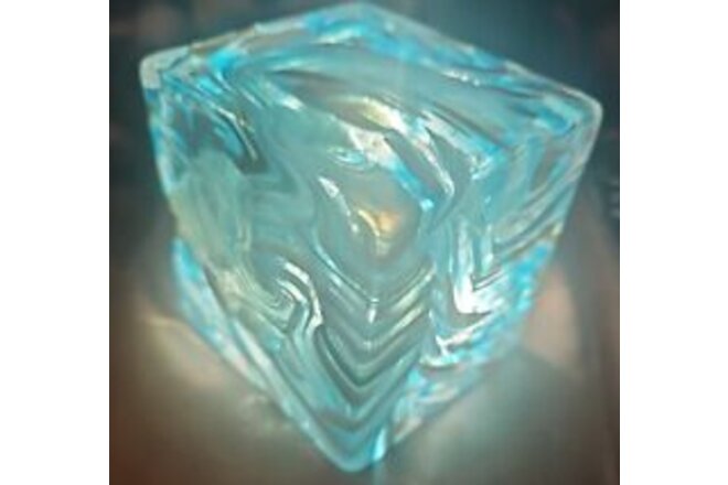HQT Hand Made Glass Paperweight Cube, Aqua Blue, Multi Color W/Gold Lutz 3x3
