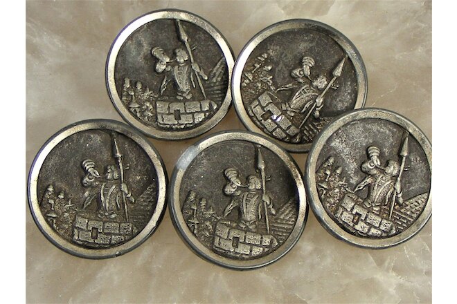 Antique Brass & Pewter Coat Story Book BUTTON Lot o 5 Soldier Castle Wall Spear