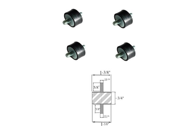4 Rubber Vibration Isolator Mounts (1-3/8" Dia x 3/4 Thk) 3/8-16 x 5/8 Long Stud