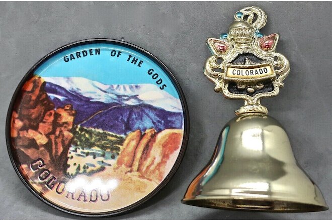 2 Vintage Colorado Souvenir Items: Colorful Metal Coaster & Bell w Striker Rings