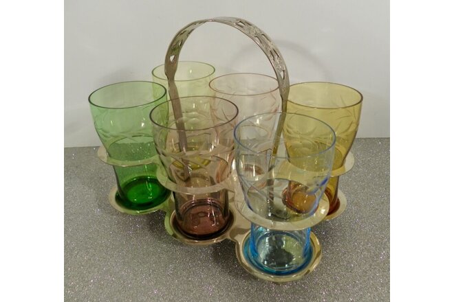 Vintage Farberware Chrome Caddy with 6 Colored Cut Glass Flat Juice Tumbler (s)