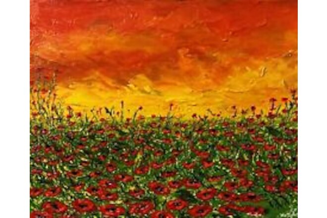 ORIGINAL SUNSET POPPY FIELD LANDSCAPE, 8X10 GALLERY WRAPPED CANVAS, SIGNED COA