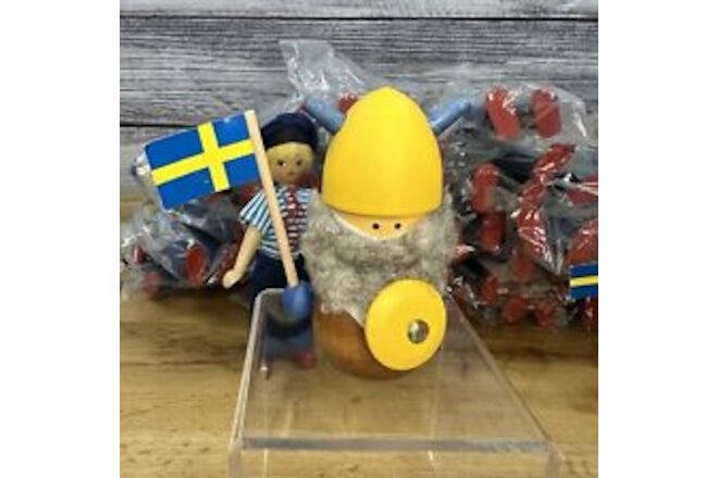 Vtg Swedish Wood VIKING Painted 4” Peg Doll Yellow Hat Gray Beard Sweden Toy NOS