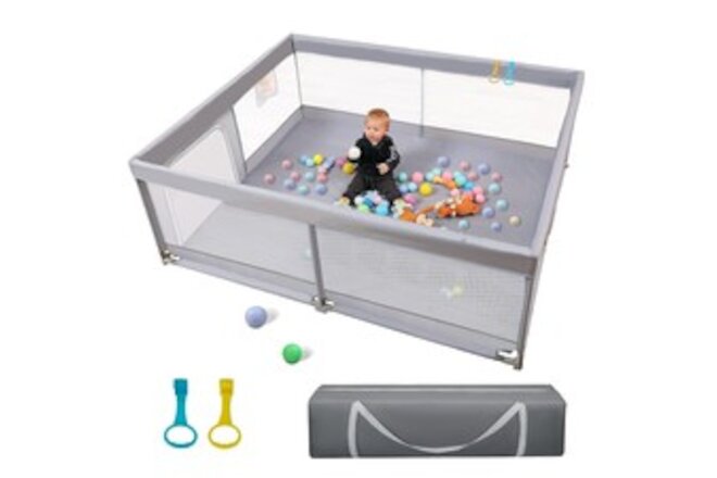 Large 71"x59" Playpen W/Suction Bases/Mesh/With Gate/Gray *NEW**Fast Shipping***
