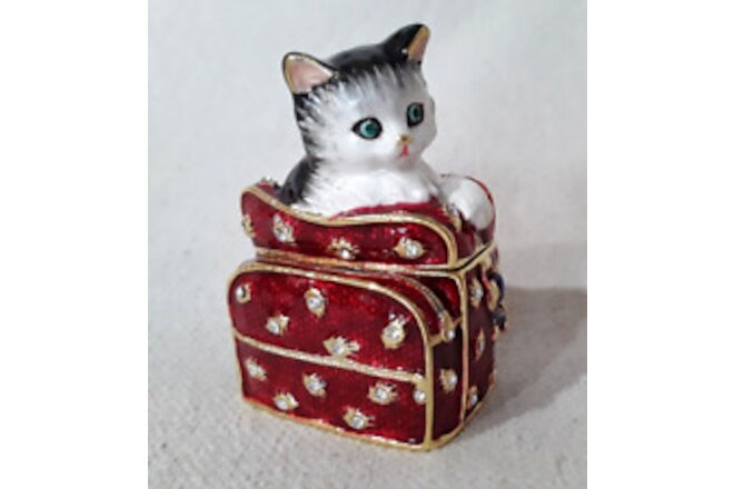 KITTY KITTEN CAT ENAMEL TRINKET BOX W RHINSTONES RED PURSE NEW IN BOX
