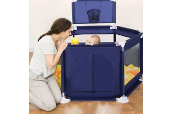 Foldable Baby Playpen Toddler Kid Safety Play Yard Fence Portable with Ball Hoop