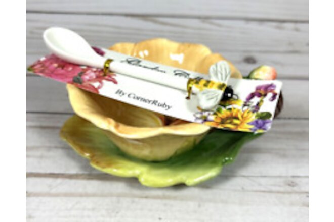 Corner Ruby Garden Collection Yellow Flower Tea Cup Leaf Saucer Bee Spoon