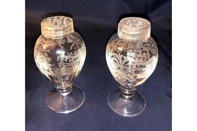 Fostoria June Pattern Salt & Pepper Shakers Footed Clear Etched Glass