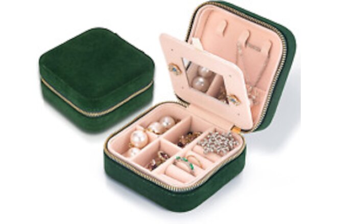 Travel Velvet Jewelry Box Mirror Mini Gift Case Women Girls Small Portable Green