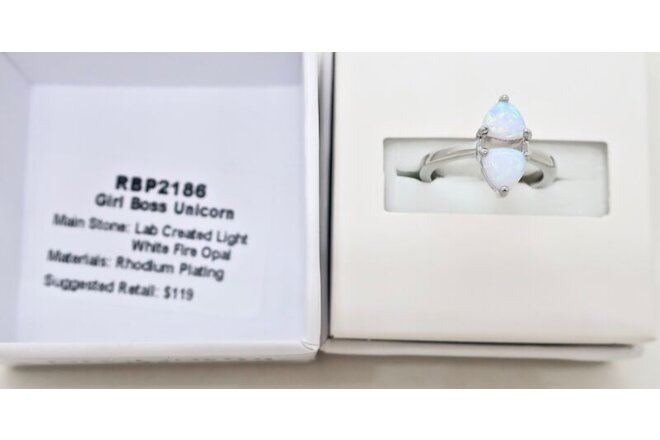 New $115 in Box Bomb Party Girl Boss Unicorn Size 5.5 Dual White Fire Opal Ring