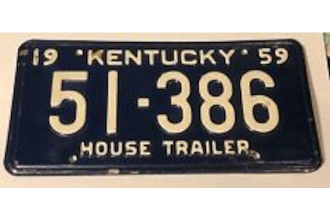 1959 Kentucky License Plate 51-386 House Trailer NOS W/ Some Wax Paper In Spots