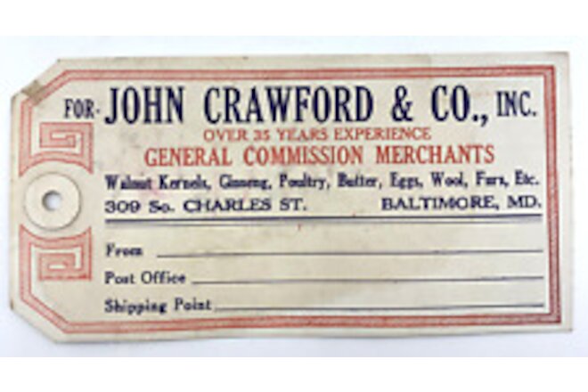 John Crawford Co Shipping Label Tag Baltimore MD Poultry Butter Vintage