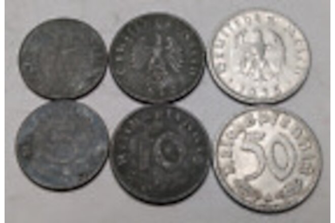 Germany Third Reich Nazi - Lot 3x Coins 5, 10 and 50 Reichspfennig - Please Read
