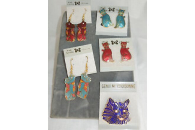4 pairs of Enamel Cloisonne Cat Pierced & Clip dangle and post Earrings +Pin *M