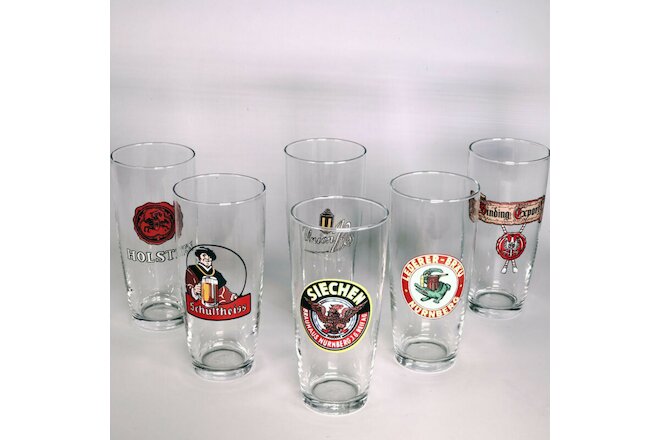 6 German Beer Glasses .25 Liter (8 oz) 5-1/2” Tall mid 1960s Brewery Logos