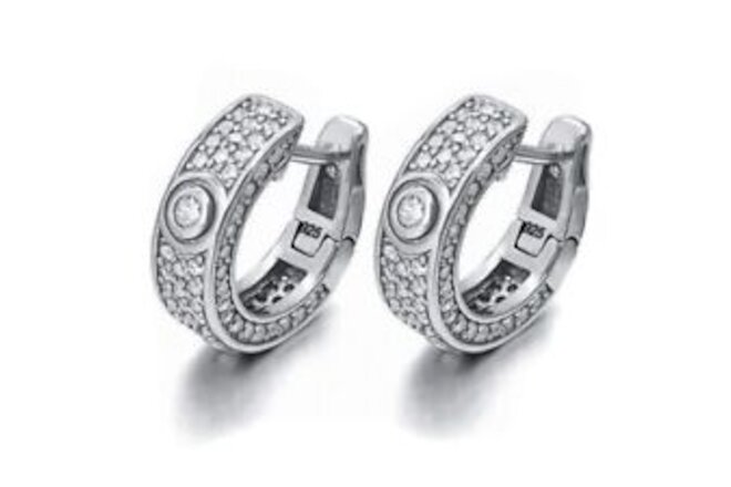 Small Fully Iced Cz Men White Gold Plated Sterling Silver Elegant Hoop Earrings