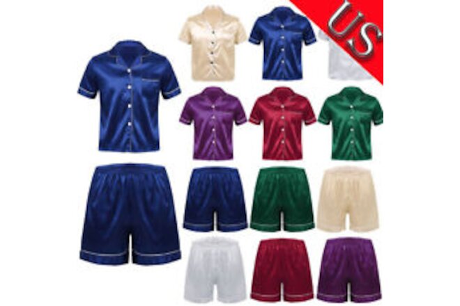 US Mens Short Sleeve Pajama Top or Shorts Sleepwear Silk Satin Home Loungewear